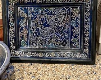 Artisan made etched wooden bird tray