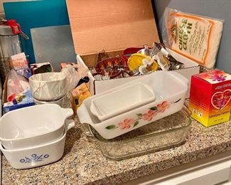 Vintage Fire King Peach Blossom Baking dish and mini blue cornflower casserole dishes