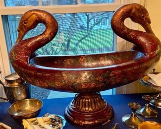 Sold. Buy it Now $75. Hand-painted wooden swan pedestal bowl  