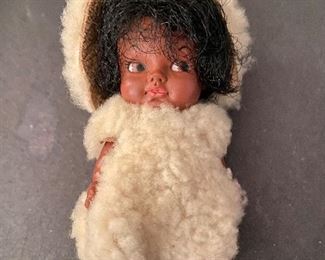 Vintage mini Eskimo Doll with lambs wool & leather dress and bonnet