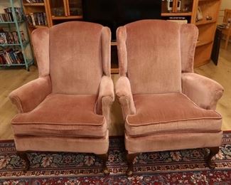 Pair of Pink Velvet Queen Anne Chairs