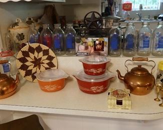 Pyrex Dishes - Copper Tea Pots - Brass Shot Glasses - Vintage Milk Bottles