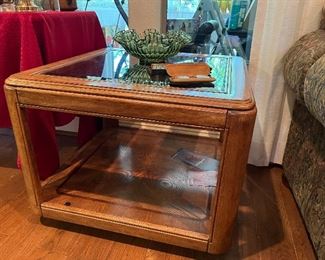 oak, glass, brass side table