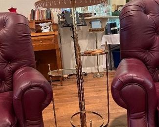 three tiered glass and brass side table and lamp