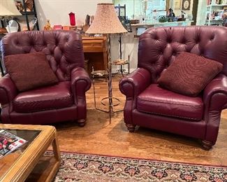 Two matching red leather Mayo wingback chairs