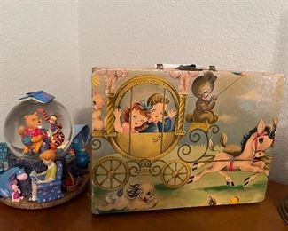 vintage pencil box and Winnie the Pooh snow globe
