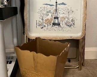 vintage metal Paris TV trays and gold trash can 