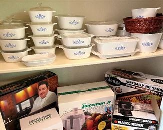 Corning Ware and small kitchen appliances by Emeril, Juiceman Jr., etc.