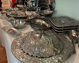 pewter and silver plate serving pieces