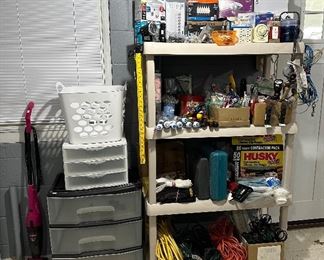 Bissell 3 in 1 Stick Vac; Storage Containers; Lightbulbs; Tools; Extension Cords; Welker 8200 Soldering Gun; Makita Cordless Drill Driver; Log Rack Cover; Husky Contractor Bags; Shop Vac Acc.; Decorative Sea Glass; Drop Cloths; Hand Saw