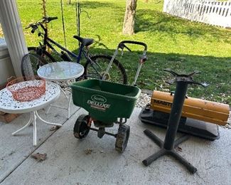 Patio Side Tables; Scotts Deluxe Spreader; Table Base; Master 50,000 BTU Heater; Huffy Stone Mountain Bike
