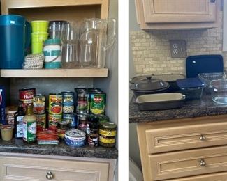 Canned Goods; Pitchers; Pampered Chef Grey Glazed Stoneware; Pyrex Bakeware; Paper Towel Holder