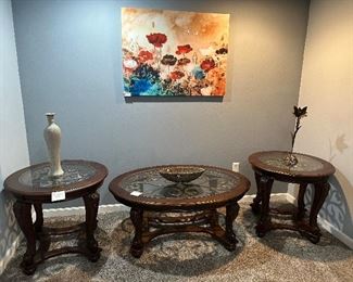 Heavy Glass Top Matching Coffee Table and (2) End Tables
