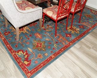 Blue & red floral wool floor rug-8 x 9.5
