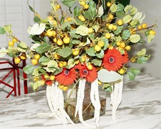 Large faux berry floral arrangement in glass planter-about 2.5 ft wide x 2ft tall