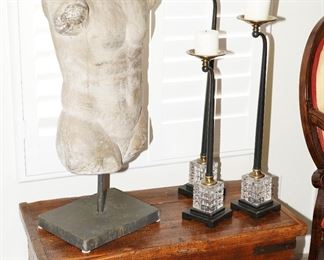 Vintage wood slat trunk with iron hardware, set of 3 crystal & iron candlesticks and a sculpture of a torso.