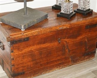 Vintage wood slat trunk with iron hardware