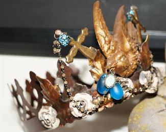 Unique brass/copper crown with turquoise, cross and bird. 