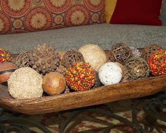Vintage primitive dough bowl with decorative balls-this piece is about 2.5-3ft long