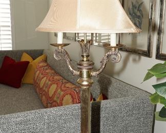 Heavy brass column venetian table lamp with silk shade