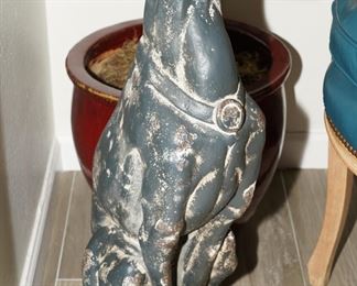 Distressed black magnesium oxide Whippet sculpture-about 31" tall