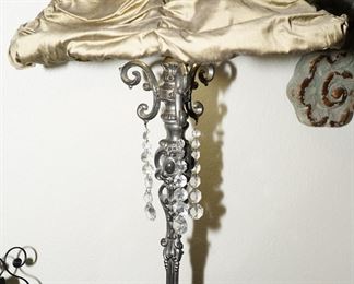 Distressed gray iron table lamp with silk shade and crystal decoration