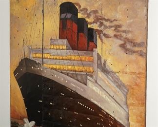 Pacquebot Paris, Havre New York steamboat painting by Roland Renaud. This piece is painted on iron on a wood backing-super cool!