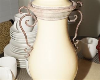 Italian ivory ceramic & stone lidded vase