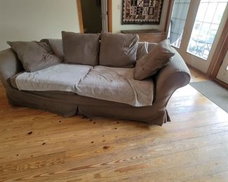 POTTERY BARN SLIP COVERS, GREY/TAUPE SOFA, CHAIRS, OTTOMANS & PILLOWS