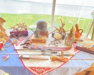 Civil War era bayonet, Spanish Machete, Dagger with case, antique dueling sword, WWI Nazi combat helmet