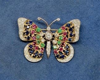 Custom 14k ruby, sapphire, and diamond butterfly brooch