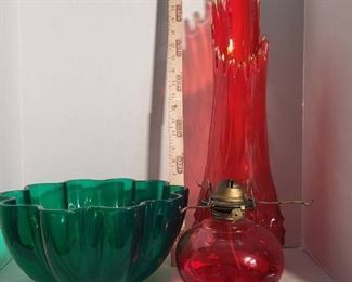 America Red Glass Vase Glowing Yellow Flames