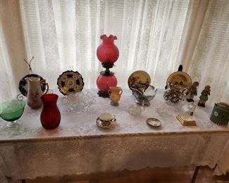 Fenton Cranberry Lamp and glassware