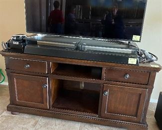 TV Console, Samsung 55” TV, Klipsec 3 pc Sound system