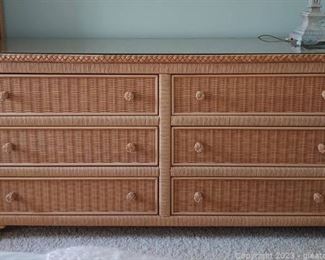 Lovely Henry Link Wicker 6 Drawer Dresser with Protective Glass Top