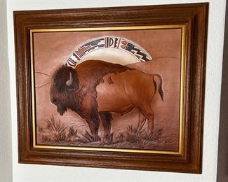 Buffalo Original Roger & Marie Kull Sculpted Leather Art Southwest 	Frame: 22 x 26in	
