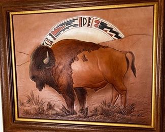 Buffalo Original Roger & Marie Kull Sculpted Leather Art Southwest 	Frame: 22 x 26in	
