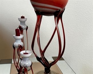 Vintage 4pc Art Glass Jellyfish Compote & Candle Holders	Bowl: 19.5 x 7 in diameter at top.	
