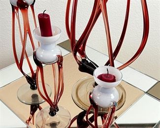 Vintage 4pc Art Glass Jellyfish Compote & Candle Holders	Bowl: 19.5 x 7 in diameter at top.	
