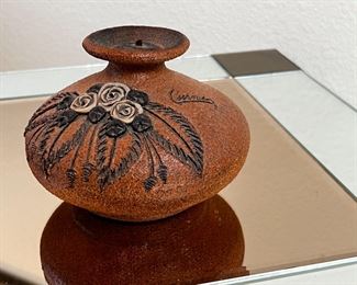 Signed Vintage Carma Sand Stone Oil Lamp Art Pottery Vase Sedona Arizona	4.5 x 5.5in diameter.	
