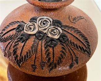 Signed Vintage Carma Sand Stone Oil Lamp Art Pottery Vase Sedona Arizona	4.5 x 5.5in diameter.	
