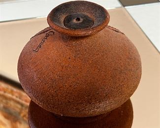 Signed Vintage Carma Sand Stone Oil Lamp Art Pottery Vase Sedona Arizona	4.5 x 5.5in diameter.	
