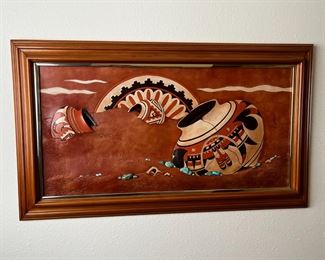 Native American Pottery  Original Roger & Marie Kull Sculpted Leather Art Southwest 	Frame: 21 x 35.5in	
