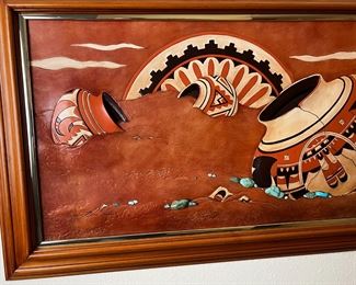 Native American Pottery  Original Roger & Marie Kull Sculpted Leather Art Southwest 	Frame: 21 x 35.5in	
