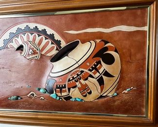 Native American Pottery  Original Roger & Marie Kull Sculpted Leather Art Southwest 	Frame: 21 x 35.5in	
