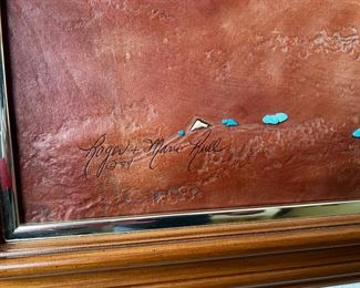 Native American Pottery  Original Roger & Marie Kull Sculpted Leather Art Southwest 	Frame: 21 x 35.5in	
