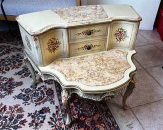Vintage Italian Venetian Style Hand Painted Floral Marble Top Side Step Table 26 x 32 x 27in	HxWxD
