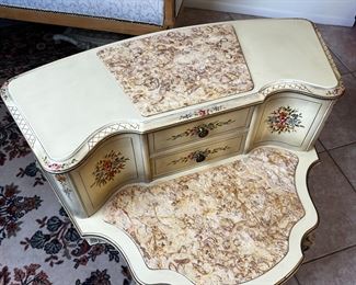 Vintage Italian Venetian Style Hand Painted Floral Marble Top Side Step Table 26 x 32 x 27in	HxWxD

