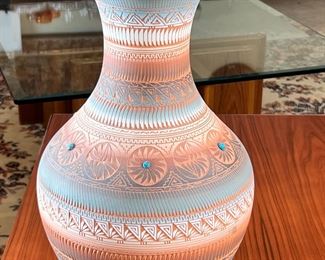 Signed Navajo Etched Pottery Vase B Sain Dine Native American  Turquoise	16x 7.25in diameter at rim.	
