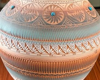 Signed Navajo Etched Pottery Vase B Sain Dine Native American  Turquoise	16x 7.25in diameter at rim.	

